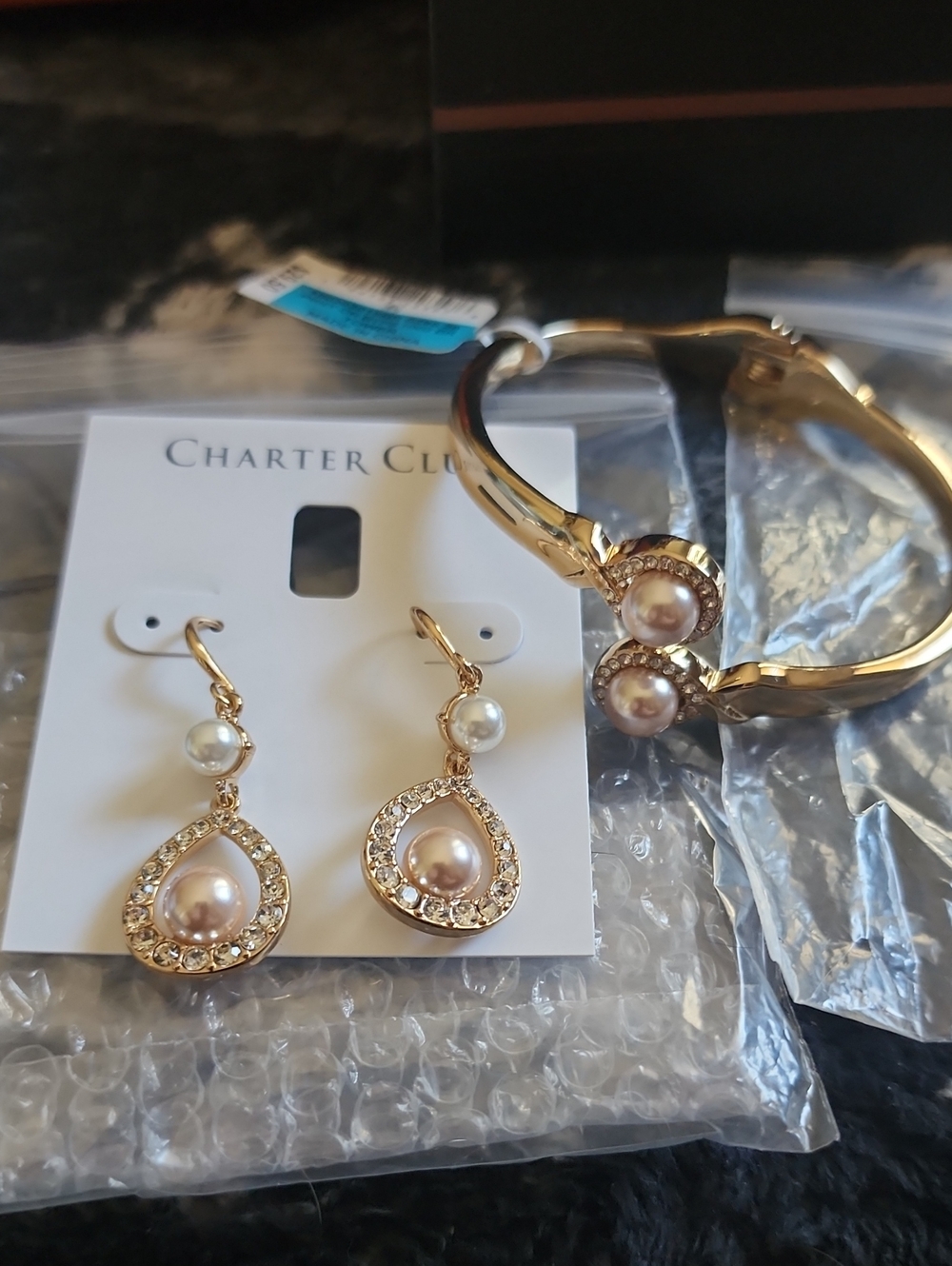 Charter Club Gold-Tone Pink Pearl Drop Earrings And Bracelet Combo